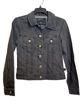 Guess Womens Premium Denim Jacket Small Fitted Black Button-Up Cotton Blend Stre